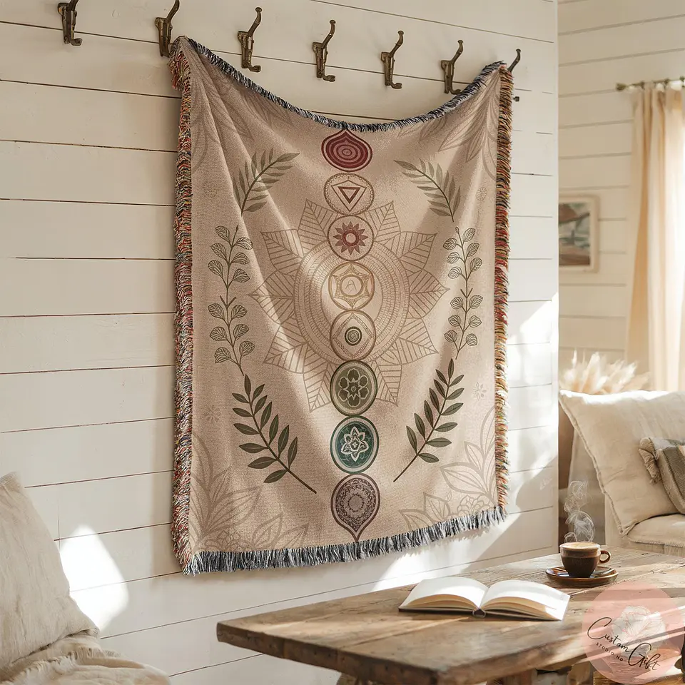 Manta de Inverno Harmonia dos Chakras, Cobertor Aconchegante para Meditação, Decoração Espiritual Relaxante, Acessório Boho para Casa, Presente de 7