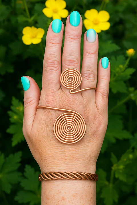 Anel de energia artesanal em cobre – Espiral Triskelion Cubit, Cura Reiki