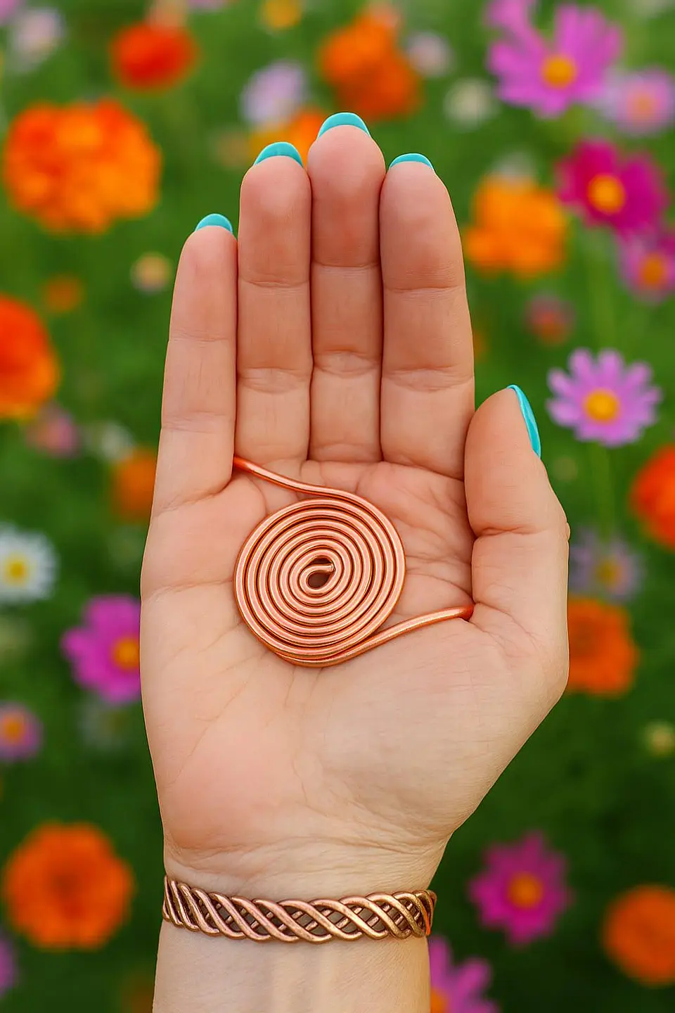 Anel de energia artesanal em cobre – Espiral Triskelion Cubit, Cura Reiki 2