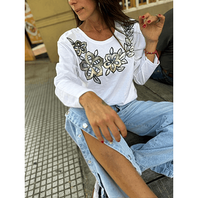 Polera Manga Larga Oversize Flores Cobre 