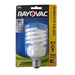 Pack Ampolletas de ahorro espiral luz cálida 20w 1200 Lúmenes Rayovac