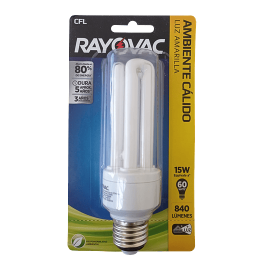 Pack Ampolletas de ahorro tubo luz cálida 15w 850 Lúmenes Rayovac