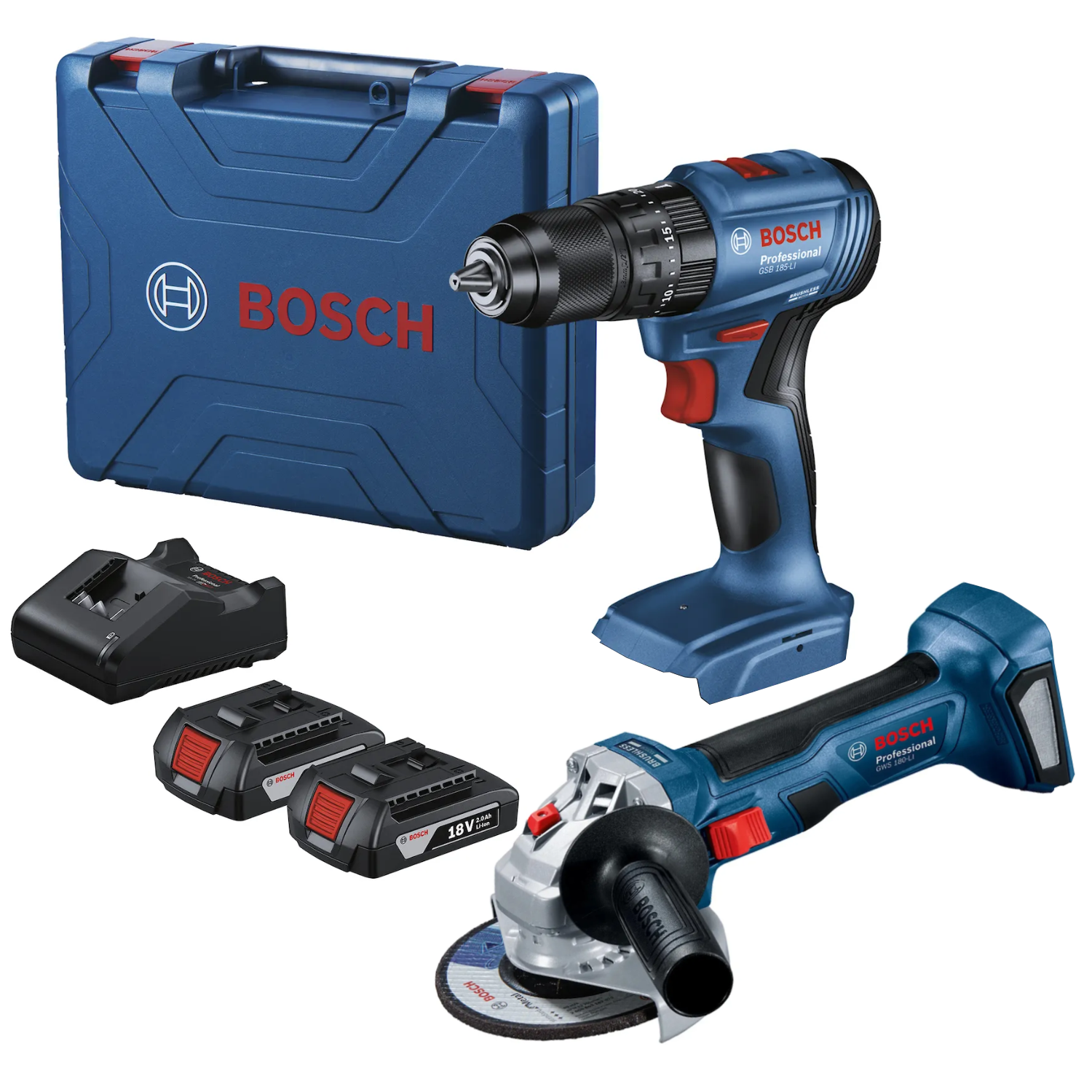 Set taladro percutor + Esmeril angular inalambrico 18v Bosch 1