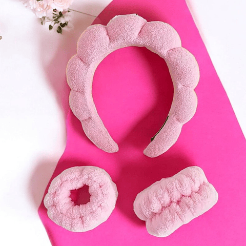 Maquiwakeup - Conjunto de faixa de cabeça e pulseira de spa (rosa)