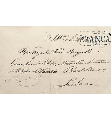 1851? Portugal Capa de Carta Pré-Filatélica LMG 3 «LAMEGO» Azul + LSB-PP 5 Lisboa «FRANCA»