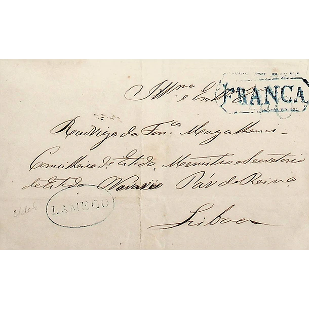 1851? Portugal Capa de Carta Pré-Filatélica LMG 3 «LAMEGO» Azul + LSB-PP 5 Lisboa «FRANCA»