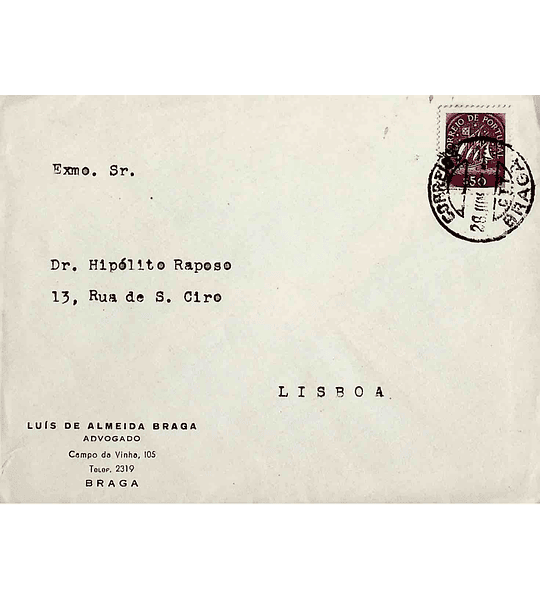 1948. Portugal. Carta enviada de Braga para Lisboa