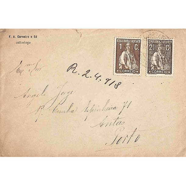 1918. Portugal. Ceres. Carta enviada de Alcobaça para Porto