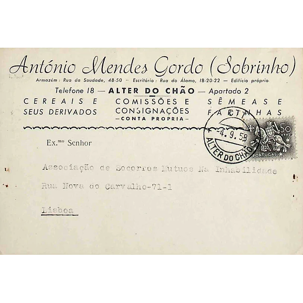 1958. Portugal. Cartão Postal Comercial enviado de Alter do Chão para Lisboa 1958. Portugal. Cartão Postal Comercial Enviado De Alter Do Chão Para Lisboa - Postal Logo & Postmarks 1958. Portugal. Cart