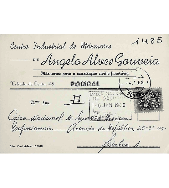 1968. Portugal. Cartão Postal Comercial enviado de Pombal para Lisboa 1968