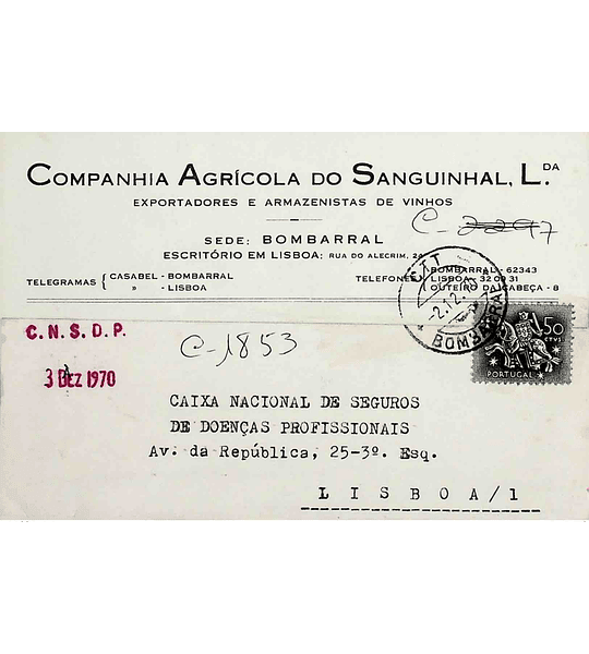 1972. Portugal. Cartão Postal Comercial enviado do Bombarral para Lisboa