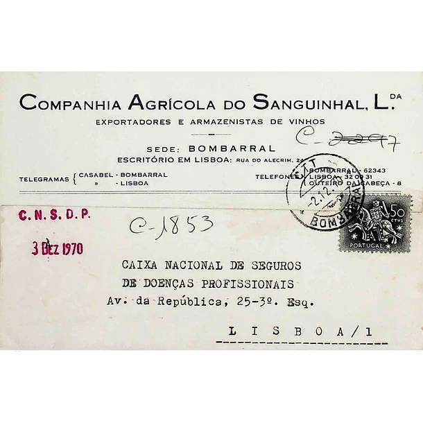 1972. Portugal. Cartão Postal Comercial enviado do Bombarral para Lisboa