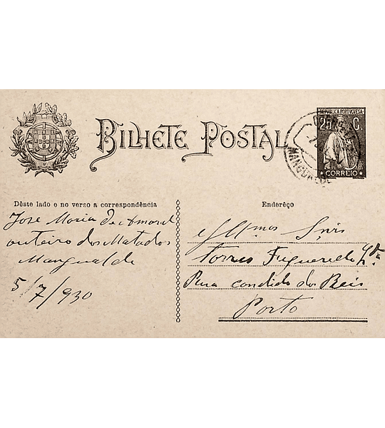 1930 Inteiro Postal tipo «Ceres» 25 r. preto enviado de Mangualde para o Porto