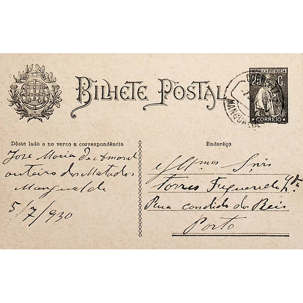 1930 Bilhete Postal Inteiro «Ceres» 25 r. preto enviado de Mangualde para o Porto