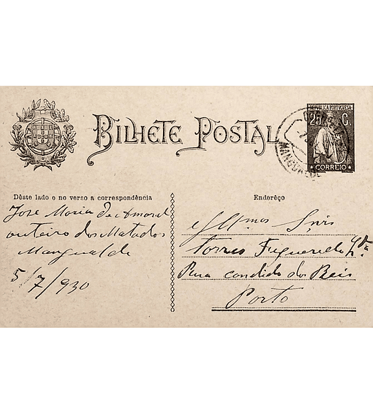 1930 Inteiro Postal tipo «Ceres» 25 r. preto enviado de Oliveira de Azeméis para o Porto