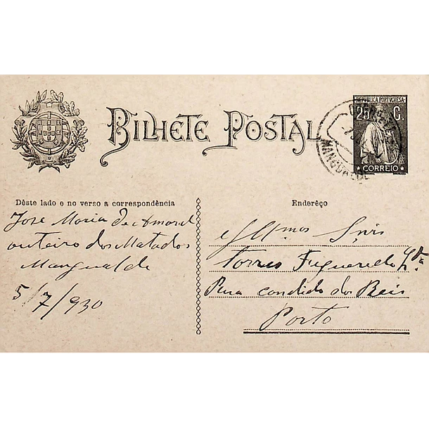 1930 Bilhete Postal Inteiro «Ceres» 25 r. preto enviado de Oliveira de Azeméis para o Porto