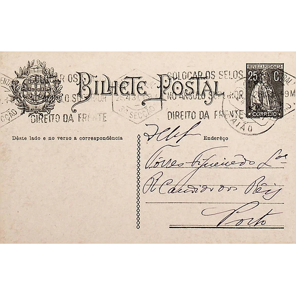 1931 Bilhete Postal Inteiro «Ceres» 25 r. preto enviado de Paião (Figueira da Foz) para o Porto