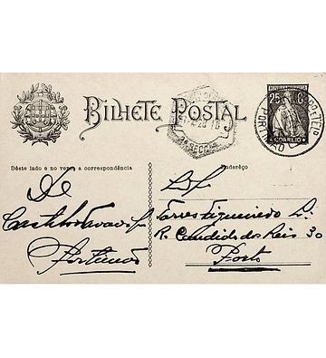 1928 Inteiro Postal tipo «Ceres» 25 r. preto enviado de Portimão para o Porto