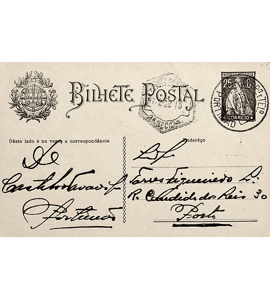 1928 Inteiro Postal tipo «Ceres» 25 r. preto enviado de Portimão para o Porto