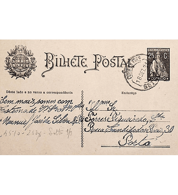 1930 Inteiro Postal tipo «Ceres» 25 r. preto enviado de Setúbal para o Porto