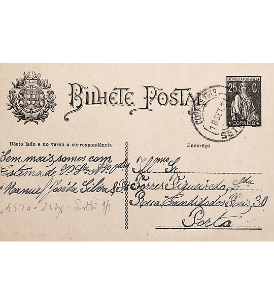 1930 Inteiro Postal tipo «Ceres» 25 r. preto enviado de Setúbal para o Porto