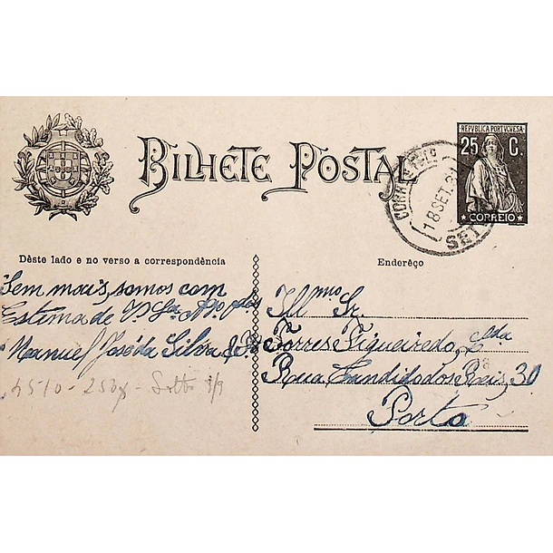 1930 Bilhete Postal Inteiro «Ceres» 25 r. preto enviado de Setúbal para o Porto