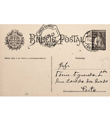 1927 Inteiro Postal tipo «Ceres» 25 r. preto enviado de Tondela para o Porto