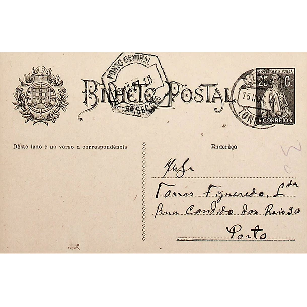 1927 Bilhete Postal Inteiro «Ceres» 25 r. preto enviado de Tondela para o Porto