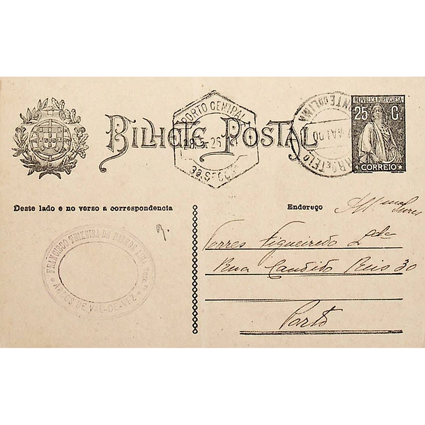 1926 Bilhete Postal Inteiro «Ceres» 25 r. preto enviado de Ponte de Lima para o Porto