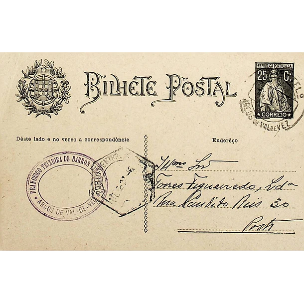 1927 Bilhete Postal Inteiro «Ceres» 25 r. preto enviado de Arcos de Valdevez para o Porto