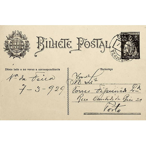 1928 Bilhete Postal Inteiro «Ceres» 25 r. preto enviado da Vila da Feira (Santa Maria da Feira) para o Porto