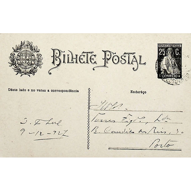 1927 Bilhete Postal Inteiro «Ceres» 25 r. preto enviado de São Pedro do Sul para o Porto