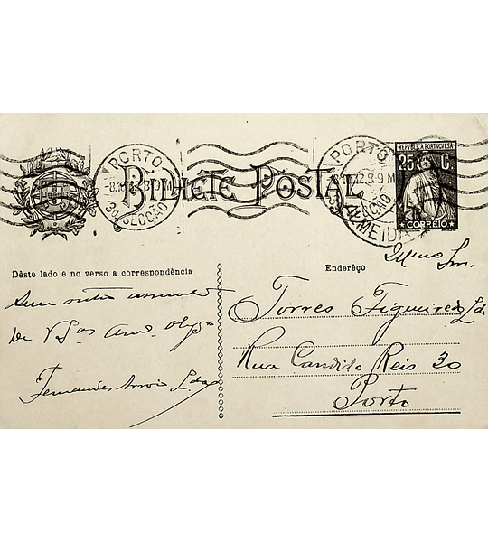 1928 Inteiro Postal tipo «Ceres» 25 r. preto enviado de Almeida para o Porto