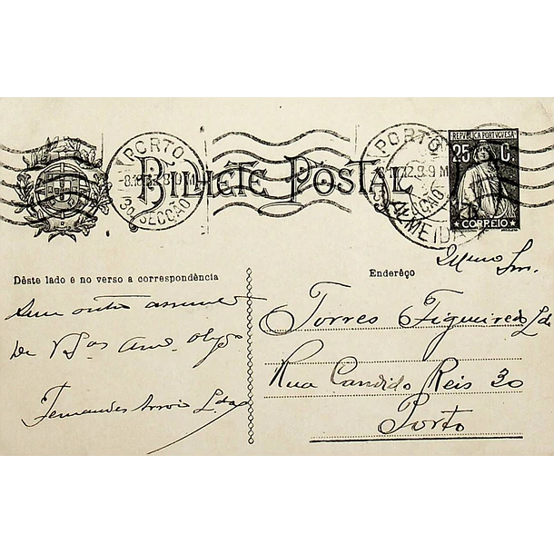 1928 Bilhete Postal Inteiro «Ceres» 25 r. preto enviado de Almeida para o Porto
