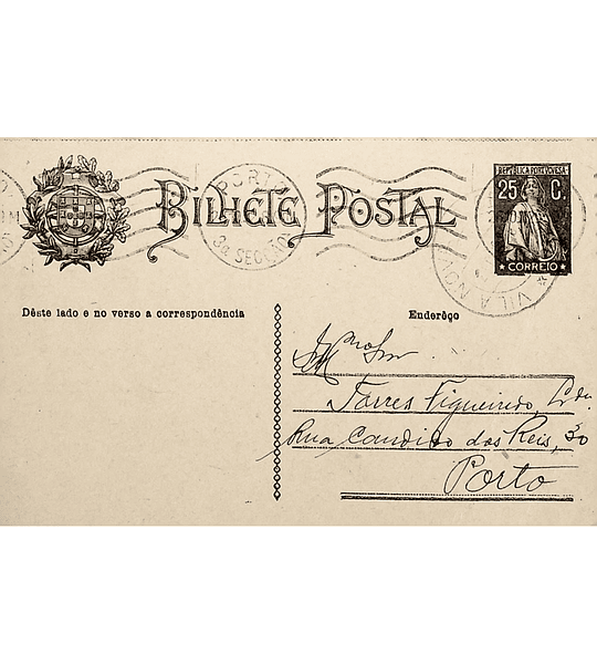 1928 Inteiro Postal tipo «Ceres» 25 r. preto enviado de Vila Nova de Cerveira para o Porto