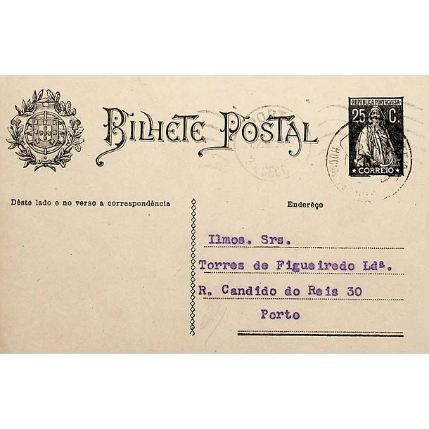 1929 Bilhete Postal Inteiro «Ceres» 25 r. preto enviado do Rossio de Abrantes (Rossio ao Sul do Tejo) para o Porto