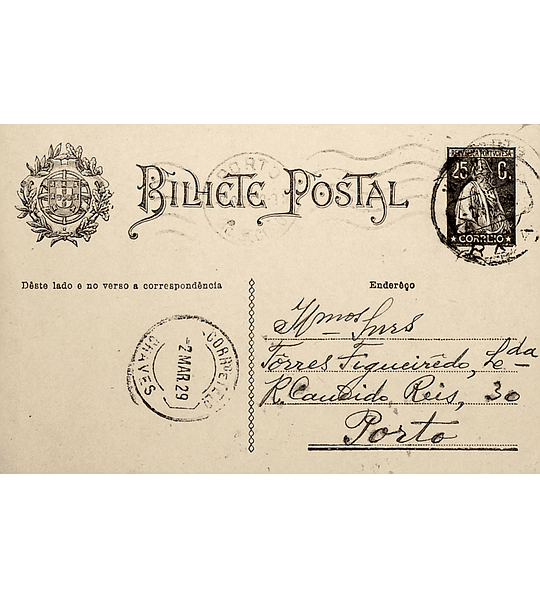 1929 Inteiro Postal tipo «Ceres» 25 r. preto enviado de Vilarelho da Raia (Chaves) para o Porto