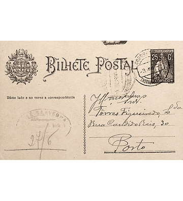 1930 Inteiro Postal tipo «Ceres» 25 r. preto enviado de Castanheiro do Norte (Carrazeda de Ansiães) para o Porto
