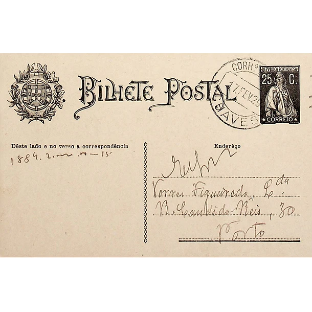 1929 Bilhete Postal Inteiro «Ceres» 25 r. preto enviado de Chaves para o Porto