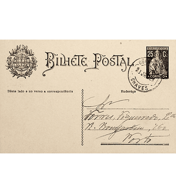 1929 Inteiro Postal tipo «Ceres» 25 r. preto enviado de Chaves para o Porto