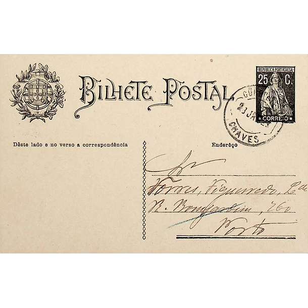 1929 Bilhete Postal Inteiro «Ceres» 25 r. preto enviado de Chaves para o Porto