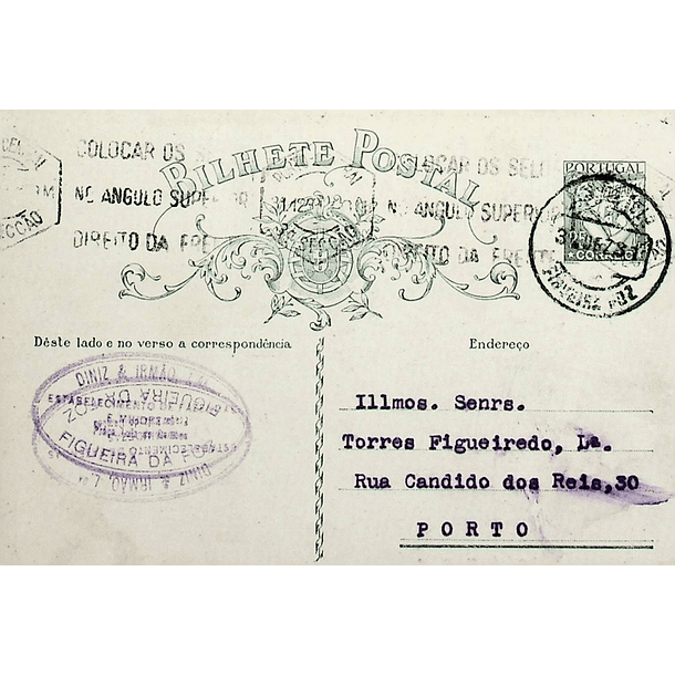 1931 Bilhete Postal Inteiro «Lusíadas» 25 r. verde enviado da Figueira da Foz para o Porto