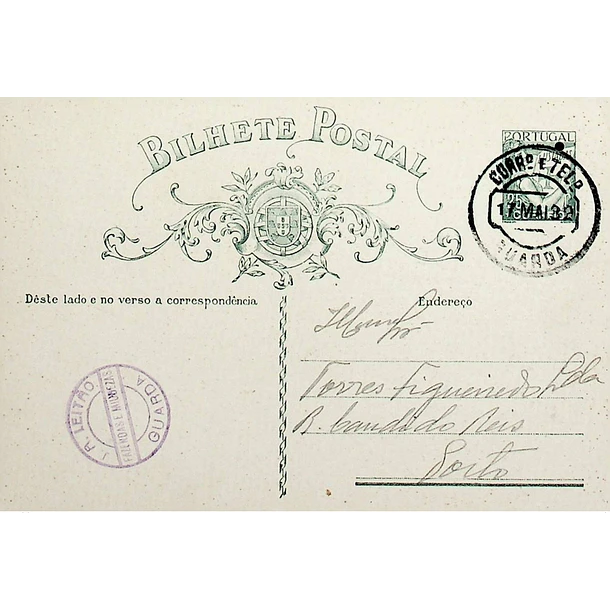 1932 Bilhete Postal Inteiro «Lusíadas» 25 r. verde enviado da Guarda para o Porto