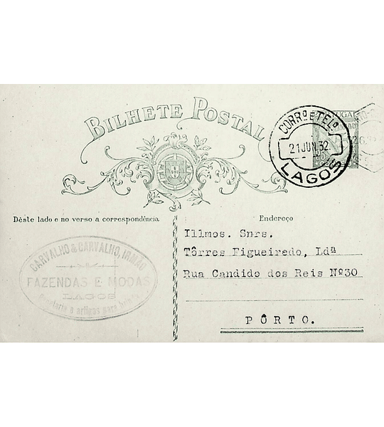 1932 Inteiro Postal tipo «Lusíadas» 25 r. verde enviado de Lagos para o Porto