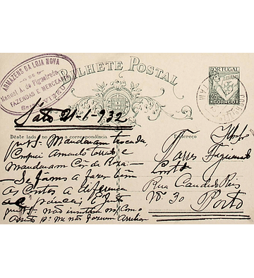 1932 Inteiro Postal tipo «Lusíadas» 25 r. verde enviado de Sátão para o Porto