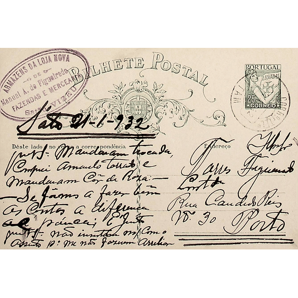 1932 Bilhete Postal Inteiro «Lusíadas» 25 r. verde enviado de Sátão para o Porto