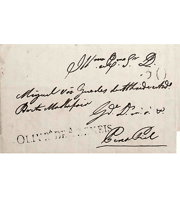 1842 Portugal Carta Pré-Filatélica Oliveira de Azeméis OAZ 1 «OLIVR DE AZEMEIS» Azul esverdeado