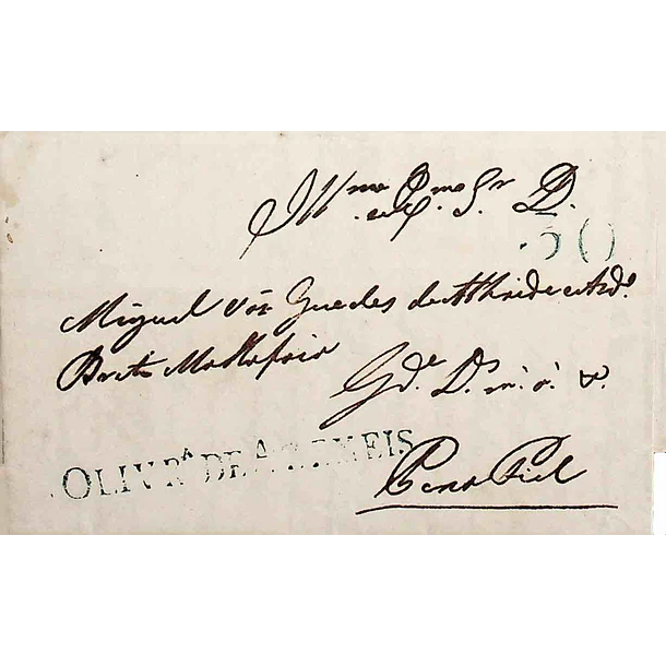 1842 Portugal Carta Pré-Filatélica Oliveira de Azeméis OAZ 1 «OLIVR DE AZEMEIS» Azul esverdeado