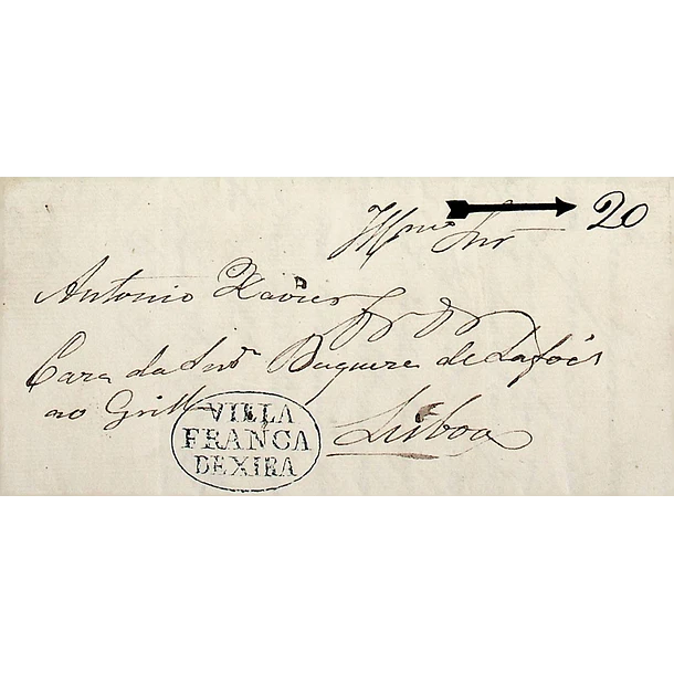 1838 Portugal Carta Pré-Filatélica Vila Franca de Xira VFX 5 «VILLA FRANCA DE XIRA» Azul
