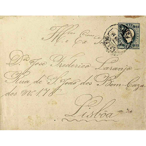 1892 Sobrescrito Inteiro D. Luís Fita Direita 25 r. Azul enviado do Porto para Lisboa